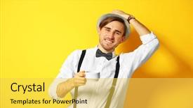  Presentation with bright yellow - PPT theme having young handsome man with a cup of coffee on bright yellow background background and a yellow colored foreground