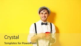  Presentation with bright yellow - Presentation theme with young handsome man with a cup of coffee on bright yellow background background and a yellow colored foreground