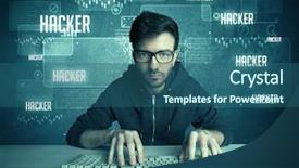  Presentation with computer hacking - Amazing presentation having young handsome nerd hacking internet web sites while working on computer keyboard with digital background illustration of numbers and letters concept backdrop and a ocean colored foreground