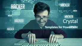  Presentation with hacking - Slide deck having young handsome nerd hacking internet web sites while working on computer keyboard with digital background illustration of numbers and letters concept background and a ocean colored foreground