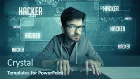  Presentation with hacking - Theme consisting of young handsome nerd hacking internet web sites while working on computer keyboard with digital background illustration of numbers and letters concept background and a ocean colored foreground
