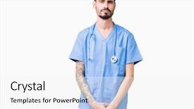  Presentation with asian nurse helps a man - Beautiful PPT theme featuring young handsome nurse man wearing backdrop and a white colored foreground