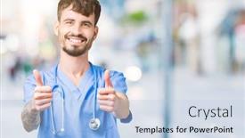  Presentation with hand surgeon - Colorful presentation theme enhanced with young handsome nurse man wearing surgeon uniform over isolated background approving doing positive gesture with hand thumbs up smiling and happy for success looking at the camera winner gesture backdrop and a light blue colored foreground