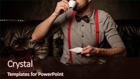  Presentation with dark old fashioned - Theme featuring young handsome old-fashioned bearded man with cup of coffee sitting on comfortable leather sofa on dark background background and a wine colored foreground