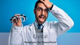  Presentation with optical - PPT layouts with young-handsome-optical-man background and a light blue colored foreground