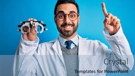  Presentation with optical - Slide set enhanced with young-handsome-optical-man background and a light blue colored foreground