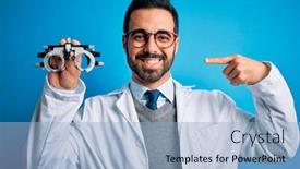  Presentation with optometry - Colorful presentation design enhanced with young-handsome-optical-man backdrop and a light blue colored foreground