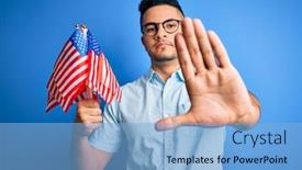  Presentation with independence day - Colorful PPT layouts enhanced with young-handsome-patriotic-man-holding backdrop and a light blue colored foreground