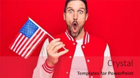  Presentation with independence day - Cool new slide set with young-handsome-patriotic-man-holding backdrop and a red colored foreground