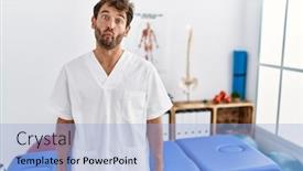  Presentation with face pain - Presentation theme enhanced with young-handsome-physiotherapist-man-working background and a  colored foreground