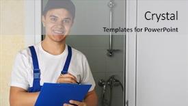  Presentation with plumber - Slide deck enhanced with young handsome plumber with clipboard indoors background and a light gray colored foreground