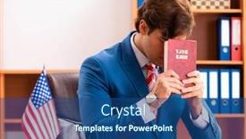  Presentation with office politics - PPT theme with young-handsome-politician-sitting background and a ocean colored foreground