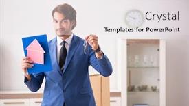  Presentation with realtor - Audience pleasing PPT theme consisting of young handsome realtor selling flat backdrop and a white colored foreground