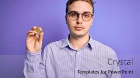  Presentation with cryptocurrency - Amazing slide set having young-handsome-redhead-businessman-holding backdrop and a light blue colored foreground