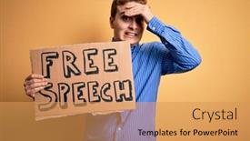  Presentation with free speech - Cool new PPT theme with young-handsome-redhead-man-asking backdrop and a yellow colored foreground
