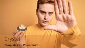  Presentation with chocolate dessert - Colorful presentation enhanced with young-handsome-redhead-man-eating backdrop and a gold colored foreground
