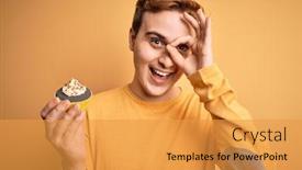  Presentation with chocolate dessert - Presentation theme enhanced with young-handsome-redhead-man-eating background and a gold colored foreground