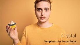  Presentation with chocolate dessert - Presentation design with young-handsome-redhead-man-eating background and a yellow colored foreground