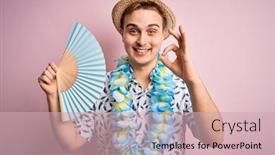 Presentation with hawaiian - Beautiful PPT theme featuring young-handsome-redhead-tourist-man backdrop and a soft green colored foreground