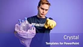  Presentation with plastic bag - Presentation theme with young-handsome-redhead-volunteer-man background and a royal blue colored foreground