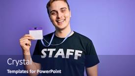  Presentation with staff - PPT theme with young-handsome-redhead-worker-man background and a navy blue colored foreground