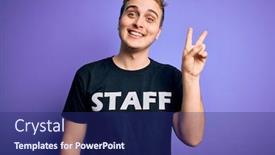  Presentation with staff - PPT layouts featuring young-handsome-redhead-worker-man background and a navy blue colored foreground