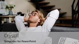  Presentation with man head in hands - Slide set having young-handsome-relaxed-long-haired background and a light gray colored foreground