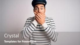  Presentation with woman covering man mouth hand - Slide deck consisting of young-handsome-sailor-man background and a gray colored foreground