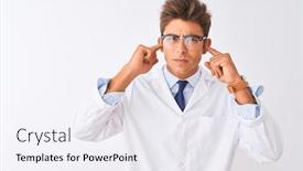 Presentation with noise - PPT theme having young handsome sciencist man wearing glasses and coat over isolated white background covering ears with fingers with annoyed expression for the noise of loud music deaf concept background and a sky blue colored foreground