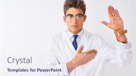  Presentation with hand palm - Presentation theme consisting of young-handsome-sciencist-man-wearing background and a sky blue colored foreground