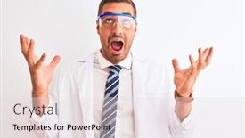  Presentation with mad scientist - Presentation design with young handsome scientist man wearing safety glasses over isolated background crazy and mad shouting and yelling with aggressive expression and arms raised frustration concept background and a lemonade colored foreground