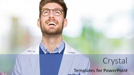  Presentation with mad scientist - Beautiful presentation theme featuring young handsome scientist man wearing glasses crazy and mad shouting and yelling with aggressive expression and arms raised frustration concept backdrop and a teal colored foreground