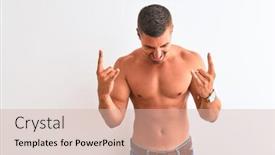  Presentation with rock star - Presentation design featuring young handsome shirtless man showing muscular body over isolated background shouting with crazy expression doing rock symbol with hands up music star heavy concept background and a soft green colored foreground