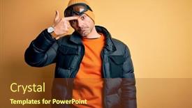  Presentation with acne - Presentation design consisting of young-handsome-skier-man-skiing background and a tawny brown colored foreground