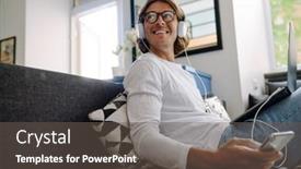  Presentation with headphones - PPT theme featuring young-handsome-smiling-happy-man background and a  colored foreground