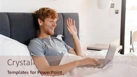  Presentation with video conference - Presentation design featuring young-handsome-smiling-happy-redhead background and a coral colored foreground