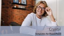  Presentation with man holding phone - Slides consisting of young-handsome-smiling-long-haired background and a light blue colored foreground