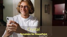  Presentation with man holding phone - PPT theme with young-handsome-smiling-long-haired background and a  colored foreground