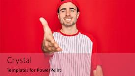  Presentation with blue handshake - Colorful PPT theme enhanced with young-handsome-sporty-man backdrop and a coral colored foreground