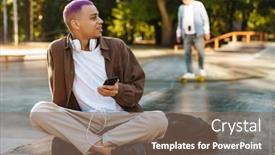  Presentation with headphones - PPT theme enhanced with young-handsome-stylish-boy background and a violet colored foreground