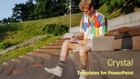  Presentation with taking notes - Presentation theme consisting of young-handsome-stylish-focused-man background and a violet colored foreground