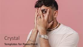  Presentation with fingers - PPT layouts having young-handsome-stylish-man-covering background and a coral colored foreground