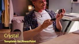  Presentation with handsome - PPT theme featuring young-handsome-stylish-smiling-boy background and a tawny brown colored foreground