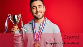  Presentation with business man climbs up to the top of 3d success stairs steps - Beautiful PPT theme featuring young-handsome-succesful-man-holding backdrop and a red colored foreground