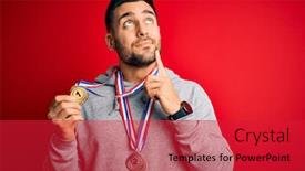  Presentation with business man climbs up to the top of 3d success stairs steps - Audience pleasing slide deck consisting of young-handsome-succesful-man-winning backdrop and a red colored foreground