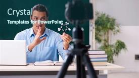  Presentation with recording - Colorful slide set enhanced with young-handsome-teacher-recording-video backdrop and a ocean colored foreground