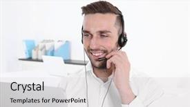  Presentation with technical support - Audience pleasing slides consisting of young handsome technical support dispatcher backdrop and a light gray colored foreground