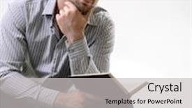  Presentation with business book - PPT theme consisting of young handsome thoughtful business man reading book background and a light gray colored foreground