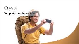  Presentation with textile industry white - Presentation design featuring young-handsome-tourist-isolated background and a  colored foreground