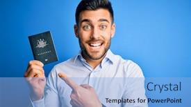  Presentation with tourist - Amazing PPT layouts having young-handsome-tourist-man-holding backdrop and a light blue colored foreground